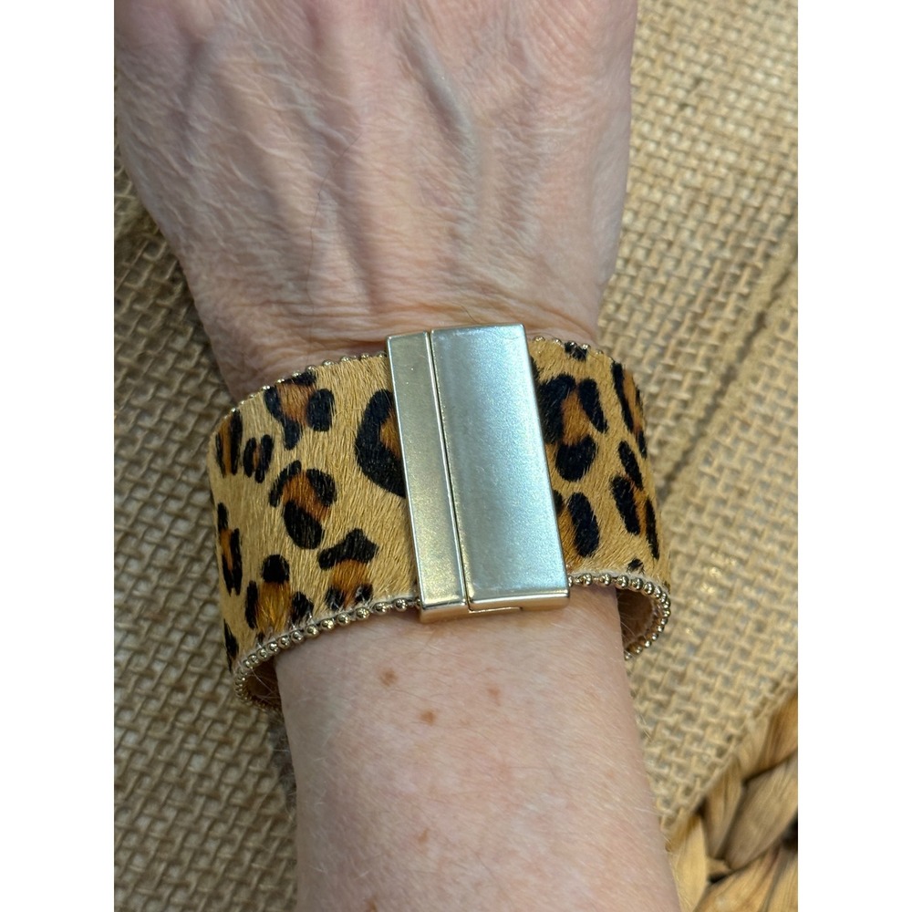 Leopard Print Calf Hair Magnetic Cuff Bracelet Gold Tone Trim Wide Mob Wife
